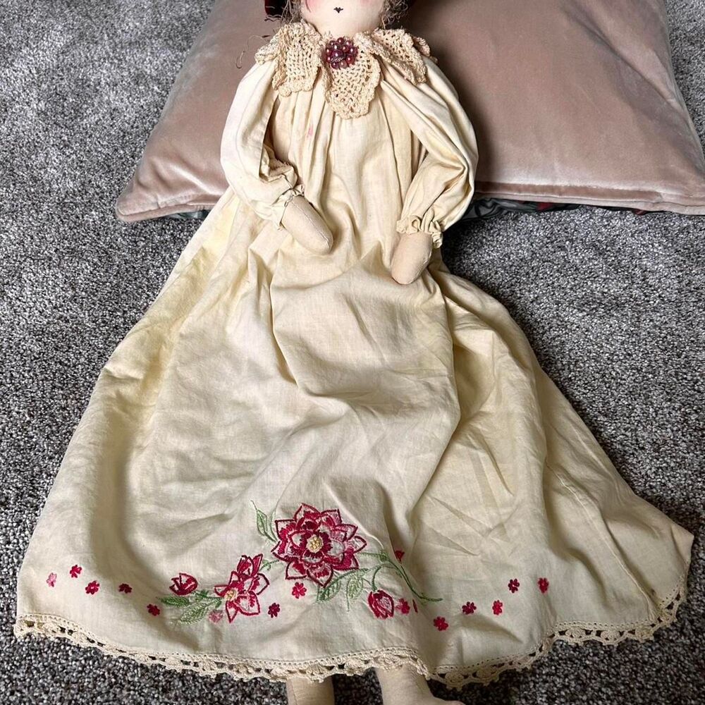 Vtg Cottagecore Rag Doll Embroider Floral Dress Red Velvet Hat Folk Art Coquette